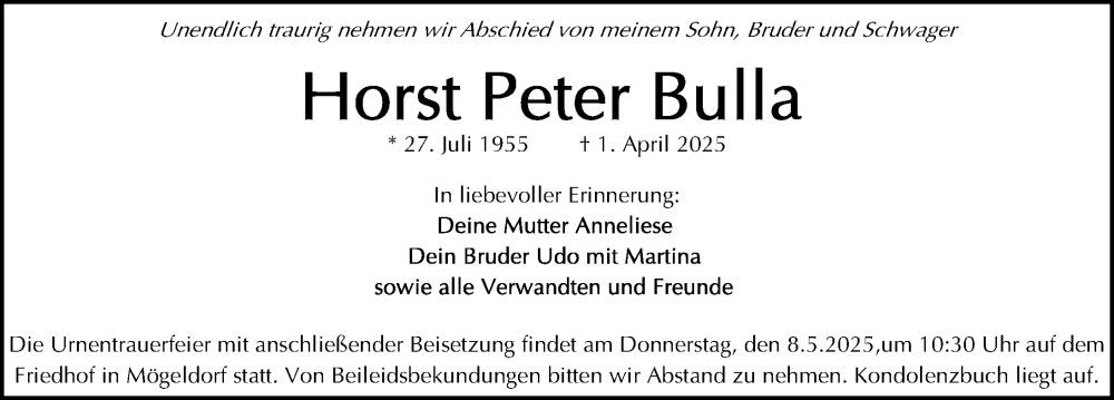  Traueranzeige für Horst Peter Bulla vom 06.05.2025 aus Gesamtausgabe Nürnberger Nachrichten/ Nürnberger Ztg.