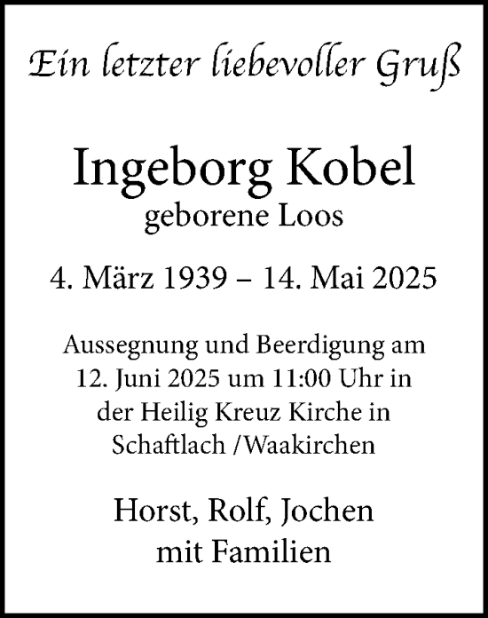 Traueranzeige von Ingeborg Kobel von Altmühl-Bote Lokal