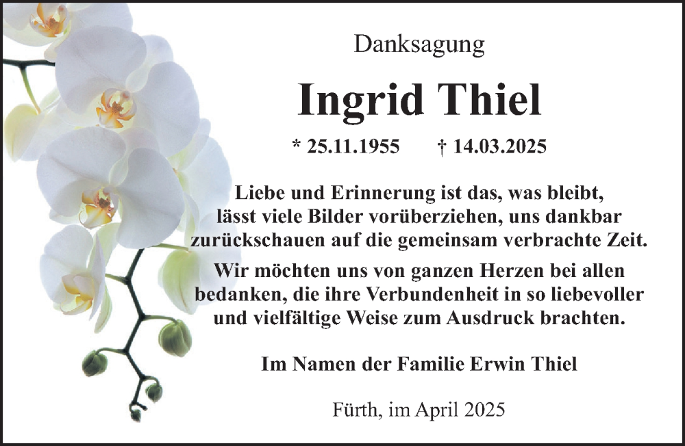  Traueranzeige für Ingrid Thiel vom 03.05.2025 aus Fürther Nachrichten Lokal