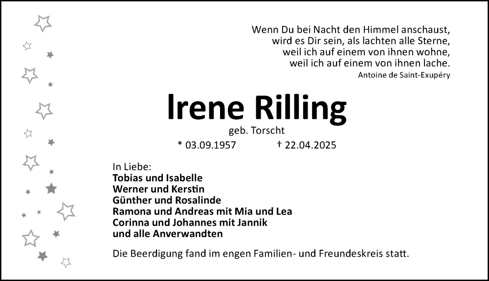  Traueranzeige für Irene Rilling vom 10.05.2025 aus Altmühl-Bote Lokal/ Roth-Hilpoltsteiner Volkszeitung