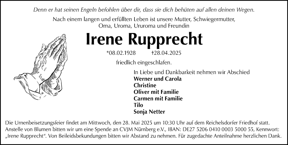  Traueranzeige für Irene Rupprecht vom 17.05.2025 aus Gesamtausgabe Nürnberger Nachrichten/ Nürnberger Ztg.