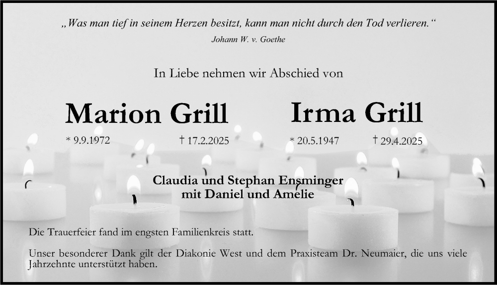  Traueranzeige für Irma Grill vom 17.05.2025 aus Erlanger Nachrichten Lokal