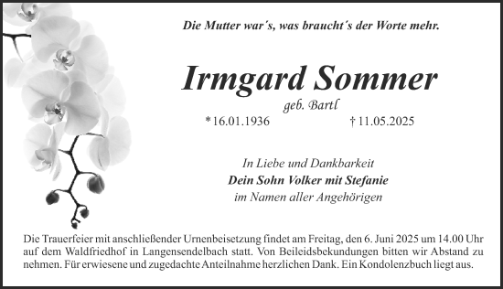 Traueranzeige von Irmgard Sommer von Erlanger Nachrichten Lokal