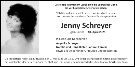 Traueranzeige von Jenny Schreyer von Erlanger Nachrichten Lokal