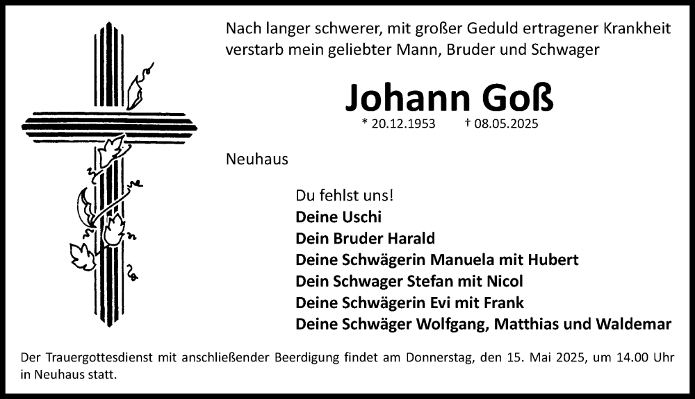  Traueranzeige für Johann Goß vom 13.05.2025 aus Nordbayerische Nachrichten Herzogenaurach Lokal