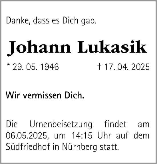Traueranzeige von Johann Lukasik von Gesamtausgabe Nürnberger Nachrichten/ Nürnberger Ztg.
