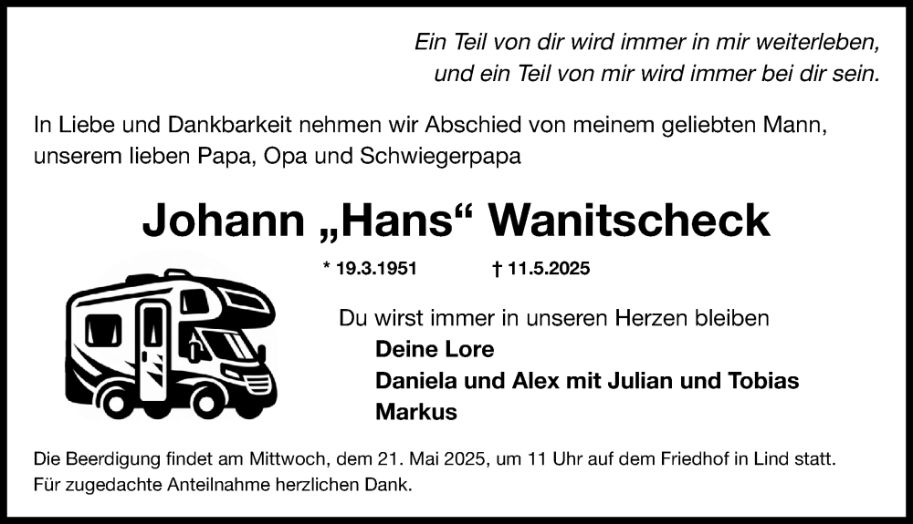  Traueranzeige für Johann Wanitscheck vom 17.05.2025 aus Fürther Nachrichten Lokal