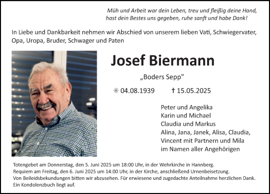 Traueranzeige von Josef Biermann von Nordbayerische Nachrichten Herzogenaurach Lokal