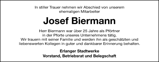 Traueranzeige von Josef Biermann von Erlanger Nachrichten Lokal