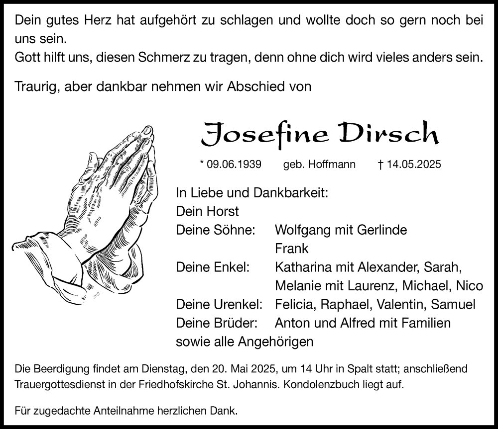  Traueranzeige für Josefine Dirsch vom 17.05.2025 aus Roth-Hilpoltsteiner Volkszeitung Lokal