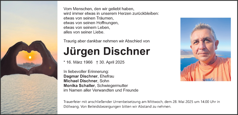  Traueranzeige für Jürgen Dischner vom 24.05.2025 aus Neumarkter Nachrichten Lokal