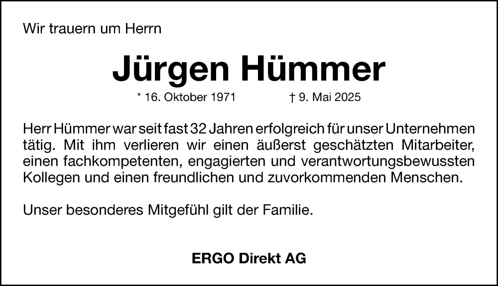  Traueranzeige für Jürgen Hümmer vom 31.05.2025 aus Gesamtausgabe Nürnberger Nachrichten/ Nürnberger Ztg.
