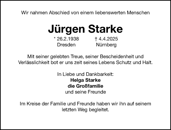 Traueranzeige von Jürgen Starke von Gesamtausgabe Nürnberger Nachrichten/ Nürnberger Ztg.