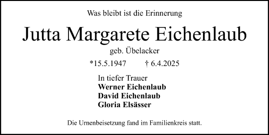 Traueranzeige von Jutta Margarete Eichenlaub von Fürther Nachrichten Lokal