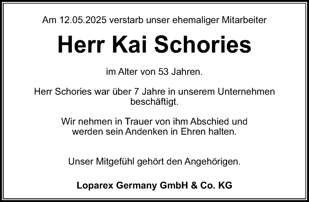  Traueranzeige für Kai Schories vom 20.05.2025 aus Nordbayerische Nachrichten Forchheim Lokal