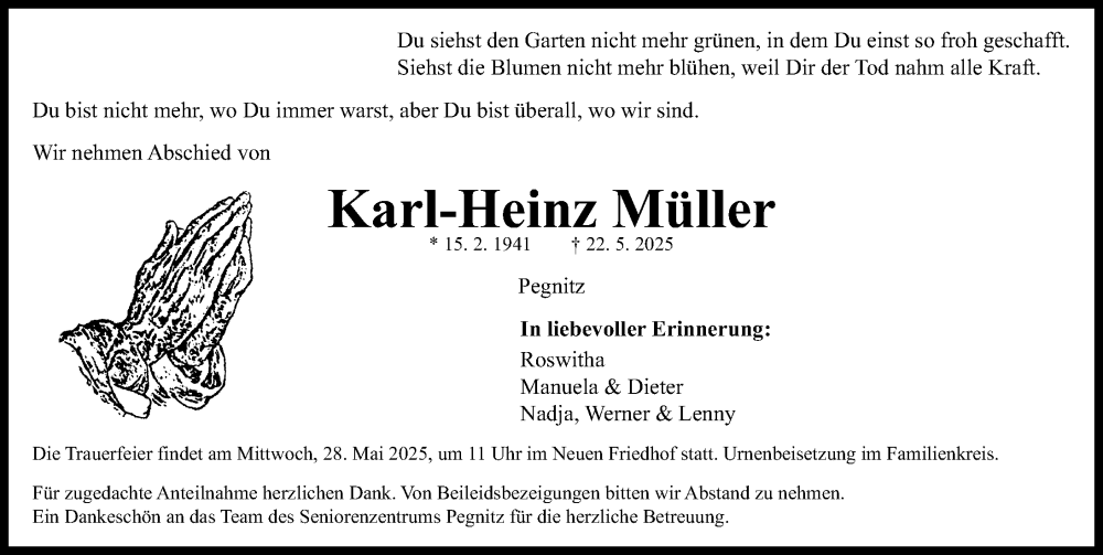  Traueranzeige für Karl-Heinz Müller vom 27.05.2025 aus Nordbayerische Nachrichten Pegnitz Lokal