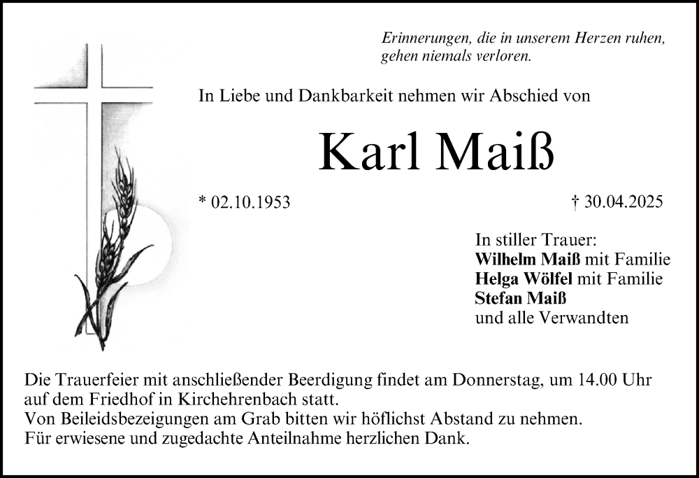  Traueranzeige für Karl Maiß vom 06.05.2025 aus Nordbayerische Nachrichten Forchheim Lokal