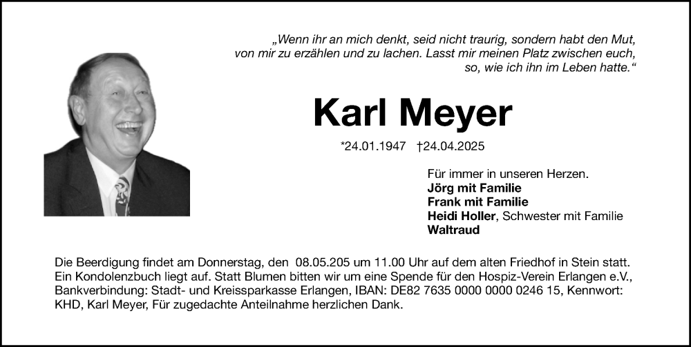  Traueranzeige für Karl Meyer vom 03.05.2025 aus Gesamtausgabe Nürnberger Nachrichten/ Nürnberger Ztg.