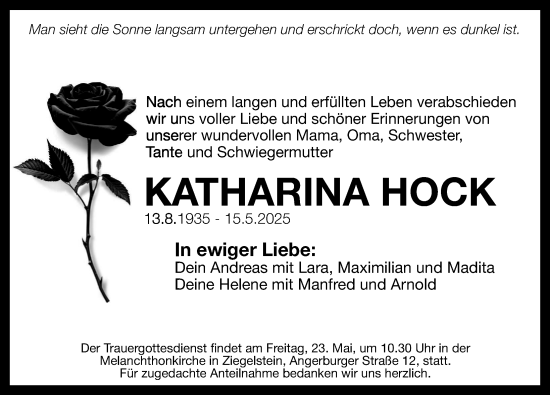 Traueranzeige von Katharina Hock von Gesamtausgabe Nürnberger Nachrichten/ Nürnberger Ztg.