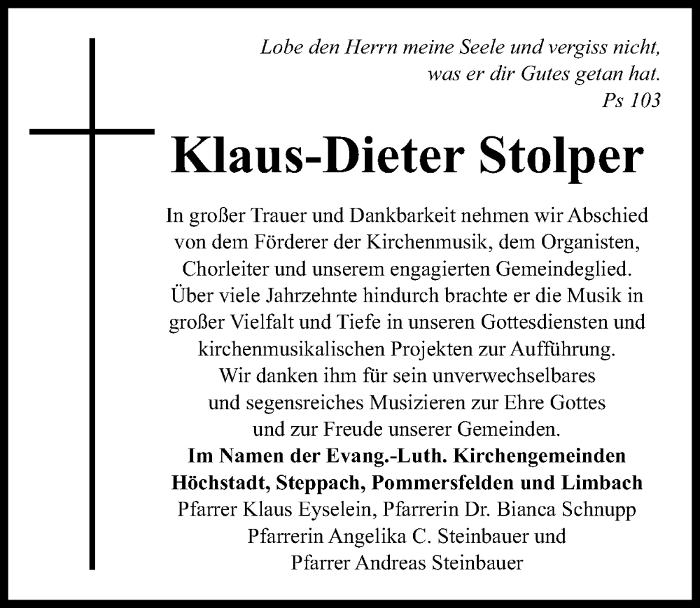  Traueranzeige für Klaus-Dieter Stolper vom 17.05.2025 aus Nordbayerische Nachrichten Herzogenaurach Lokal