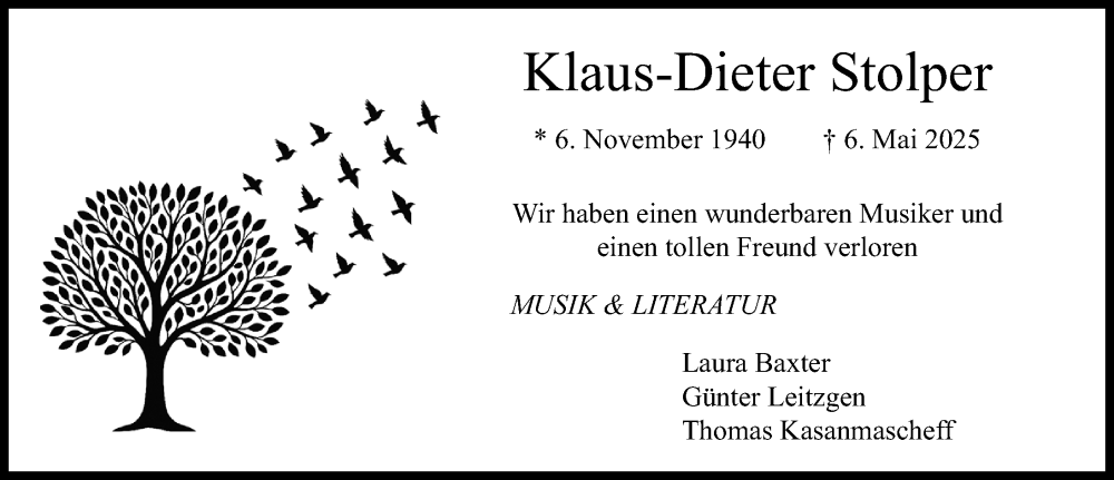  Traueranzeige für Klaus-Dieter Stolper vom 17.05.2025 aus Erlanger Nachrichten Lokal