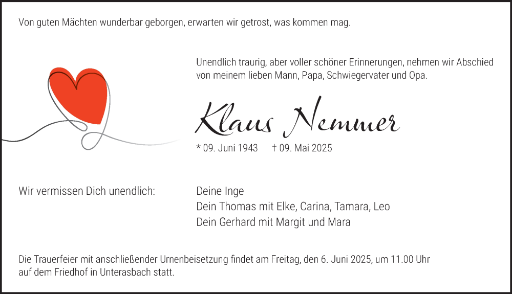  Traueranzeige für Klaus Nemmer vom 31.05.2025 aus Gesamtausgabe Nürnberger Nachrichten/ Nürnberger Ztg.