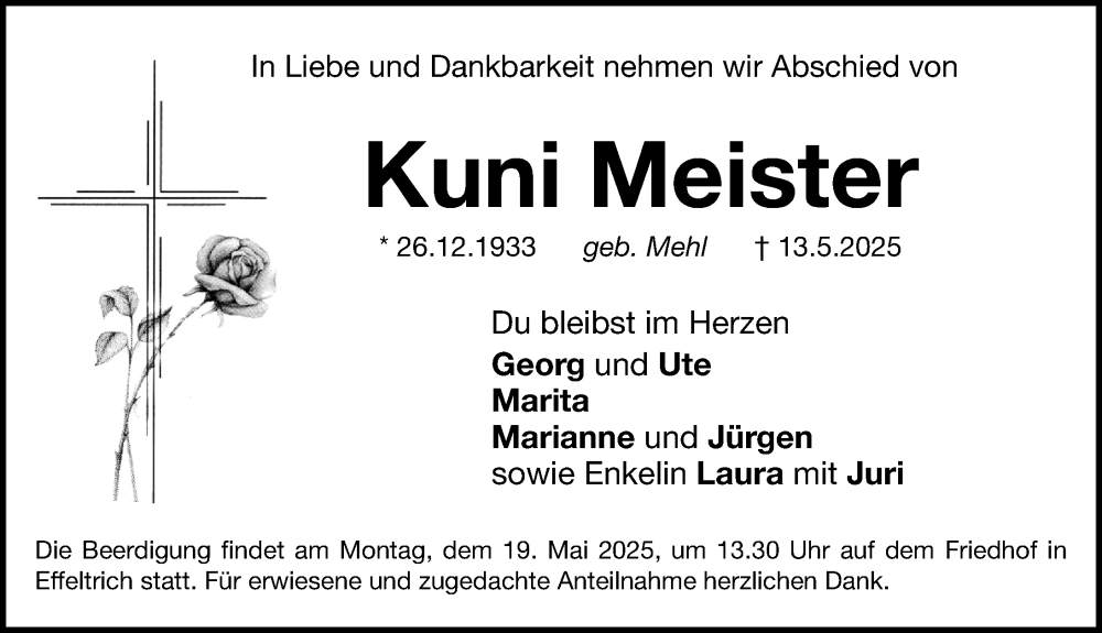  Traueranzeige für Kuni Meister vom 17.05.2025 aus Nordbayerische Nachrichten Forchheim Lokal