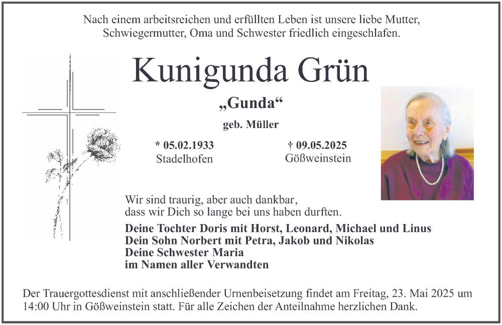  Traueranzeige für Kunigunda Grün vom 17.05.2025 aus Nordbayerische Nachrichten Forchheim Lokal