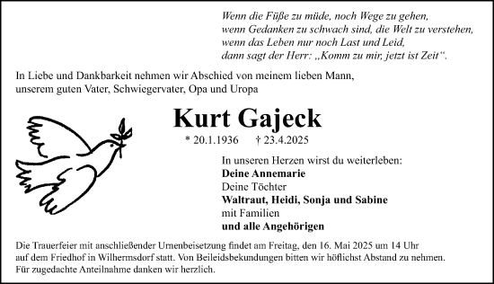 Traueranzeige von Kurt Gajeck von Fürther Nachrichten Lokal