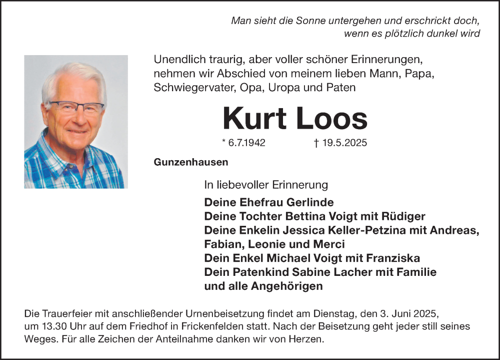  Traueranzeige für Kurt Loos vom 31.05.2025 aus Altmühl-Bote Lokal
