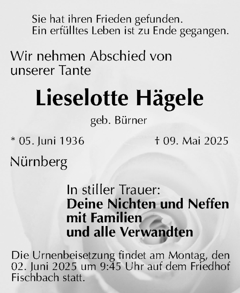  Traueranzeige für Lieselotte Hägele vom 31.05.2025 aus Gesamtausgabe Nürnberger Nachrichten/ Nürnberger Ztg.