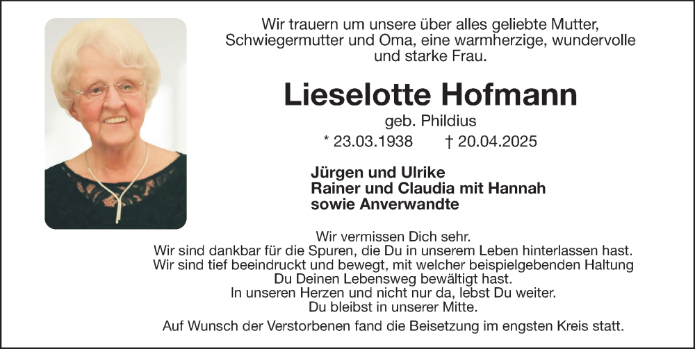  Traueranzeige für Lieselotte Hofmann vom 10.05.2025 aus Gesamtausgabe Nürnberger Nachrichten/ Nürnberger Ztg./ Roth-Hilpoltsteiner Volkszeitung