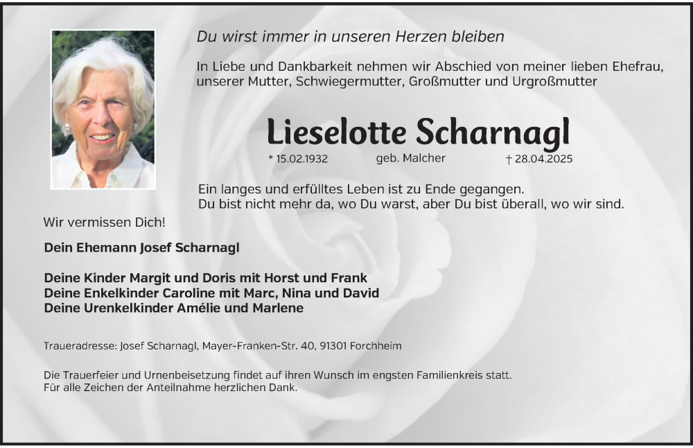  Traueranzeige für Lieselotte Scharnagl vom 10.05.2025 aus Nordbayerische Nachrichten Forchheim Lokal
