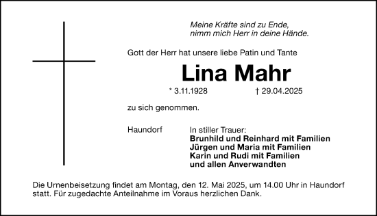 Traueranzeige von Lina Mahr von Altmühl-Bote Lokal