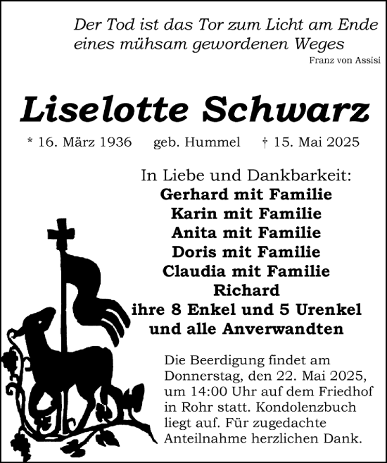 Traueranzeige von Liselotte Schwarz von Schwabacher Tagblatt Lokal