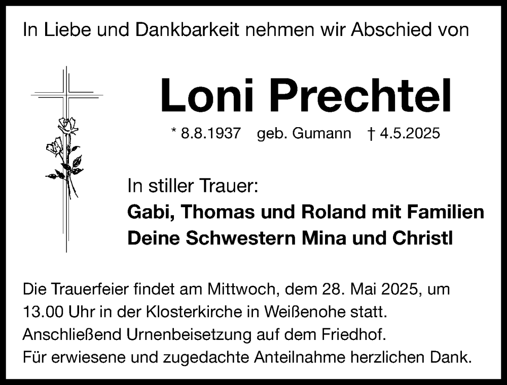  Traueranzeige für Loni Prechtel vom 24.05.2025 aus Nordbayerische Nachrichten Forchheim Lokal