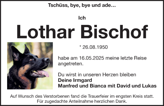 Traueranzeige von Lothar Bischof von Gesamtausgabe Nürnberger Nachrichten/ Nürnberger Ztg.