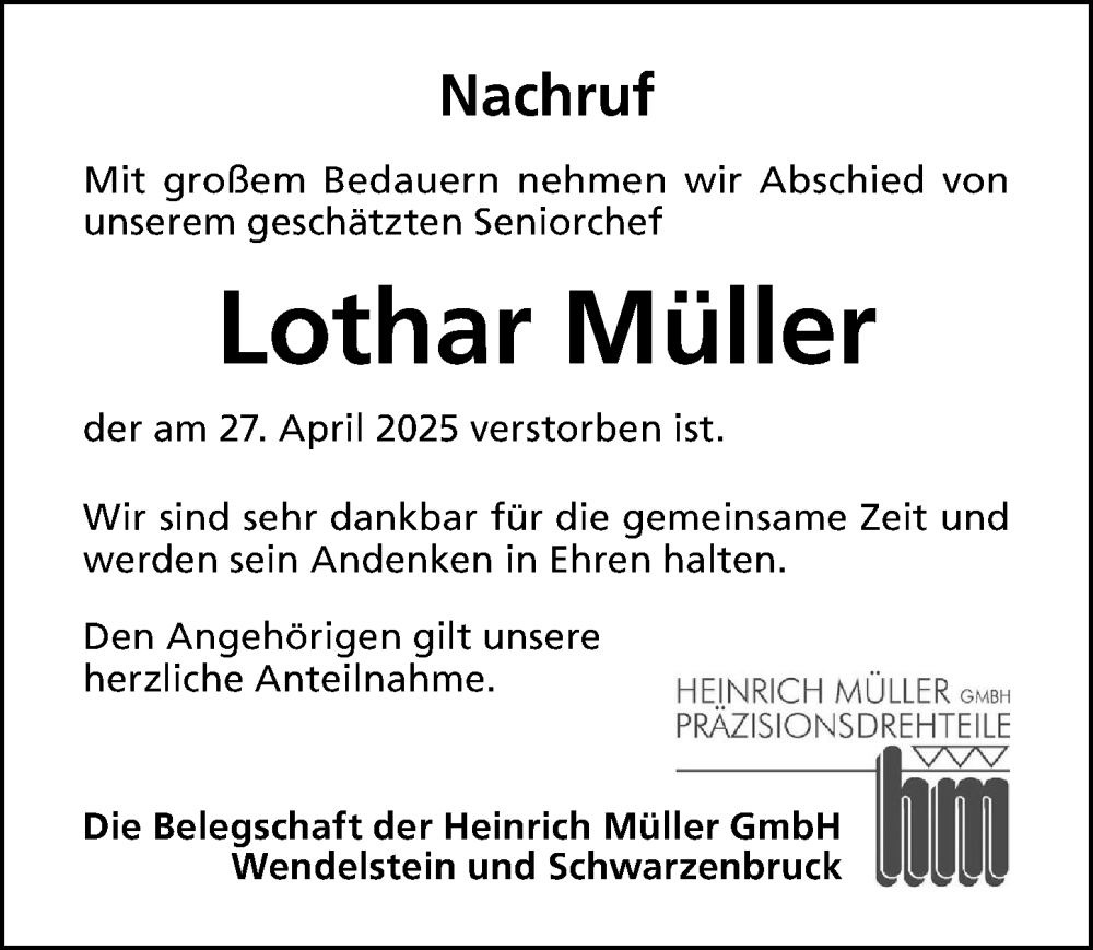  Traueranzeige für Lothar Müller vom 17.05.2025 aus Schwabacher Tagblatt Lokal
