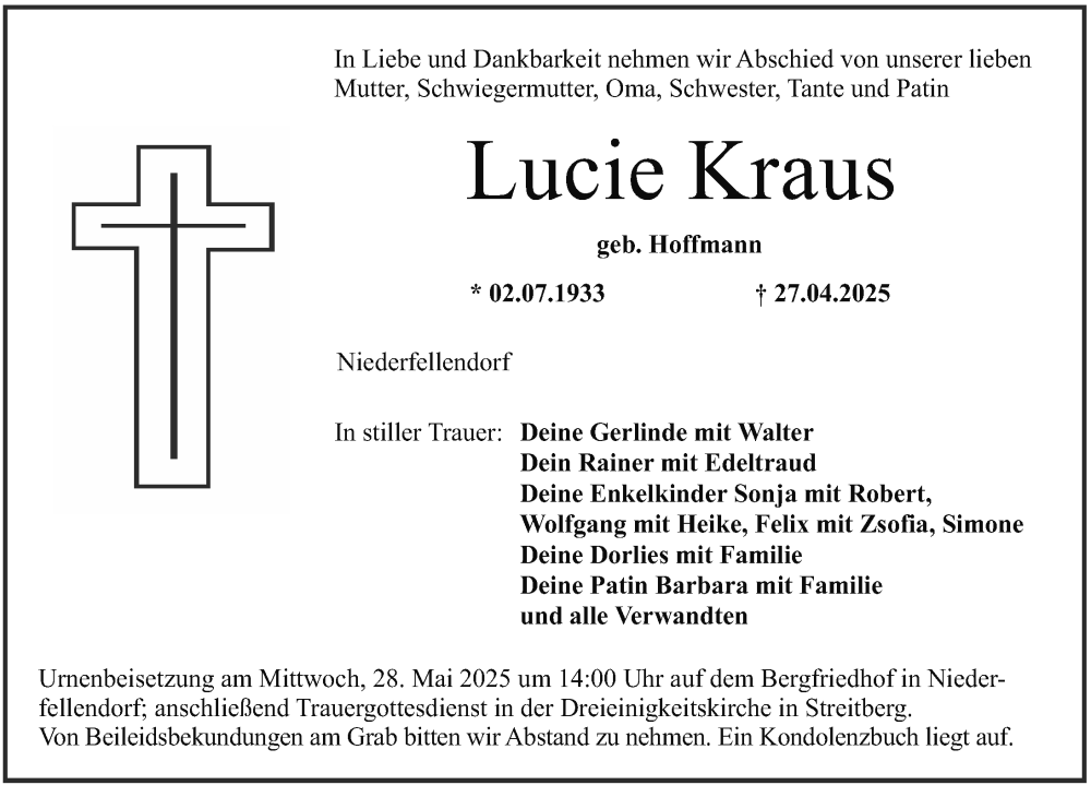  Traueranzeige für Lucie Kraus vom 24.05.2025 aus Nordbayerische Nachrichten Forchheim Lokal