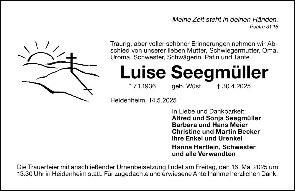  Traueranzeige für Luise Seegmüller vom 14.05.2025 aus Altmühl-Bote Lokal