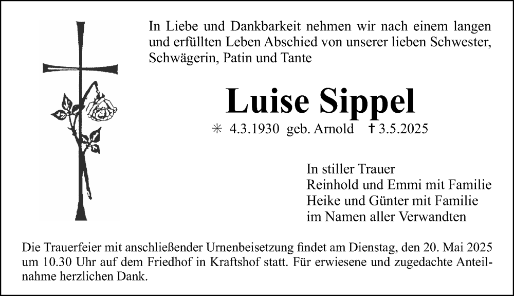  Traueranzeige für Luise Sippel vom 17.05.2025 aus Gesamtausgabe Nürnberger Nachrichten/ Nürnberger Ztg.