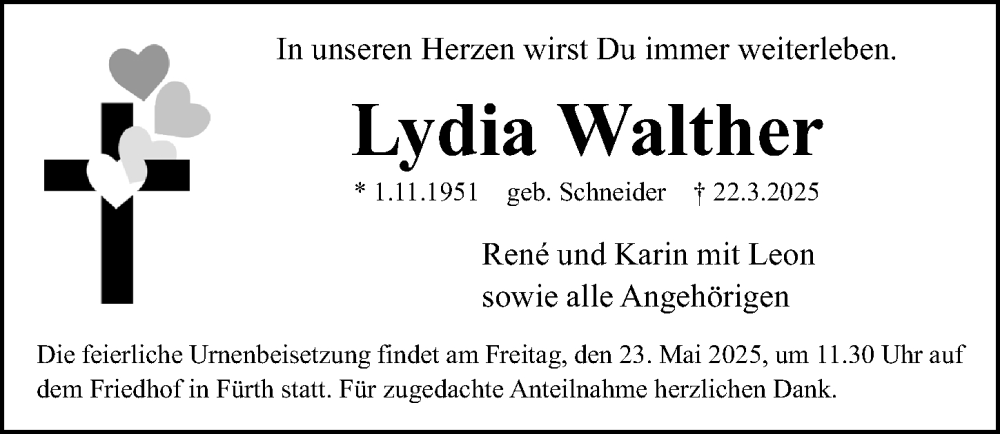  Traueranzeige für Lydia Walther vom 17.05.2025 aus Fürther Nachrichten Lokal
