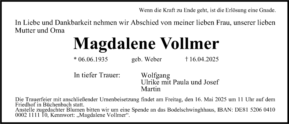  Traueranzeige für Magdalene Vollmer vom 03.05.2025 aus Erlanger Nachrichten Lokal