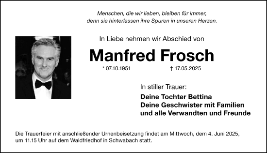 Traueranzeige von Manfred Frosch von Schwabacher Tagblatt Lokal
