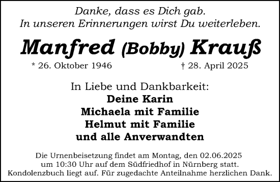 Traueranzeige von Manfred Krauß von Gesamtausgabe Nürnberger Nachrichten/ Nürnberger Ztg.