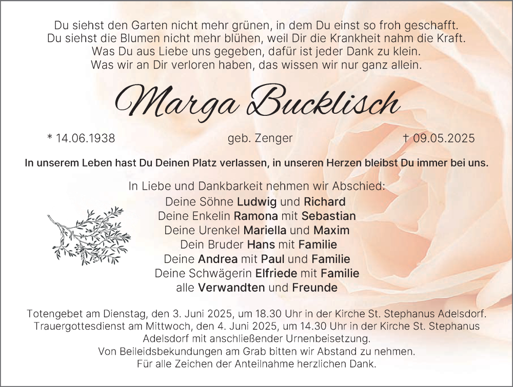  Traueranzeige für Marga Bucklisch vom 31.05.2025 aus Nordbayerische Nachrichten Herzogenaurach Lokal