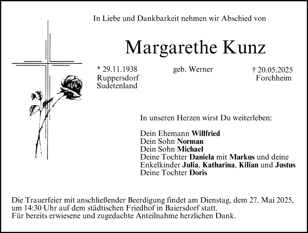  Traueranzeige für Margarethe Kunz vom 24.05.2025 aus Erlanger Nachrichten Lokal