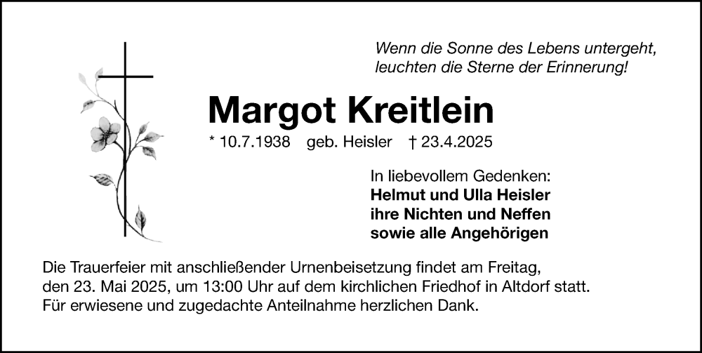  Traueranzeige für Margot Kreitlein vom 17.05.2025 aus Gesamtausgabe Nürnberger Nachrichten/ Nürnberger Ztg.