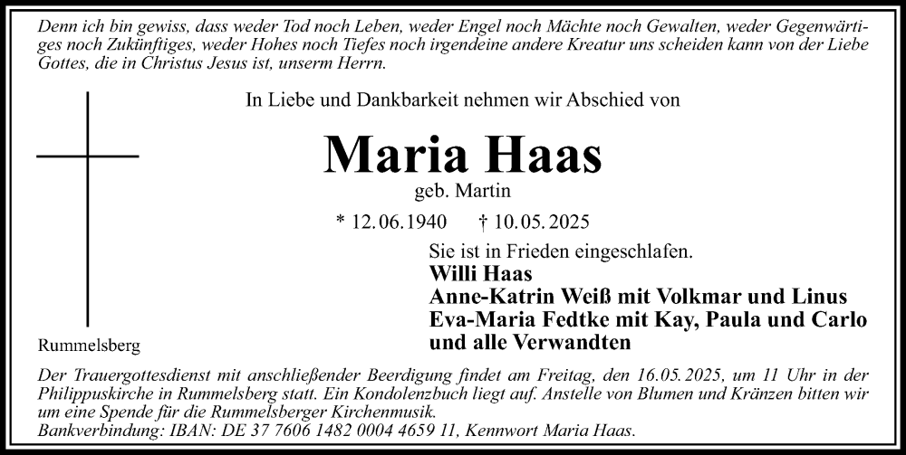  Traueranzeige für Maria Haas vom 14.05.2025 aus Gesamtausgabe Nürnberger Nachrichten/ Nürnberger Ztg.