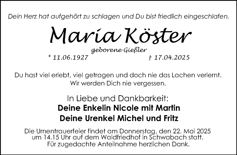  Traueranzeige für Maria Köster vom 17.05.2025 aus Schwabacher Tagblatt Lokal